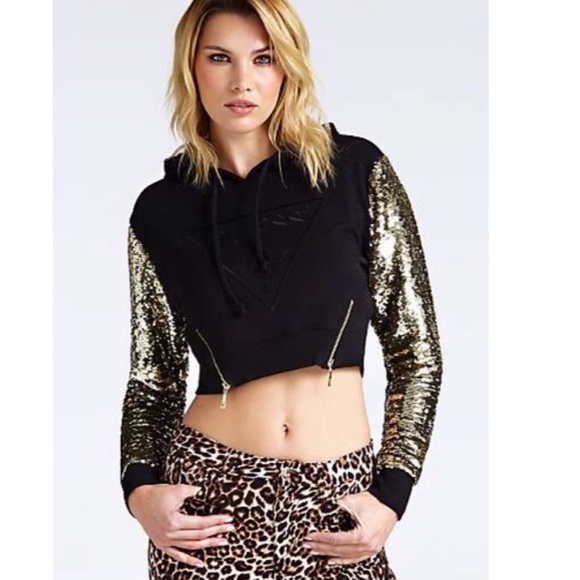 New GUESS Jennifer Sequin Cropped Hoodie SZ S - Picture 5 of 6